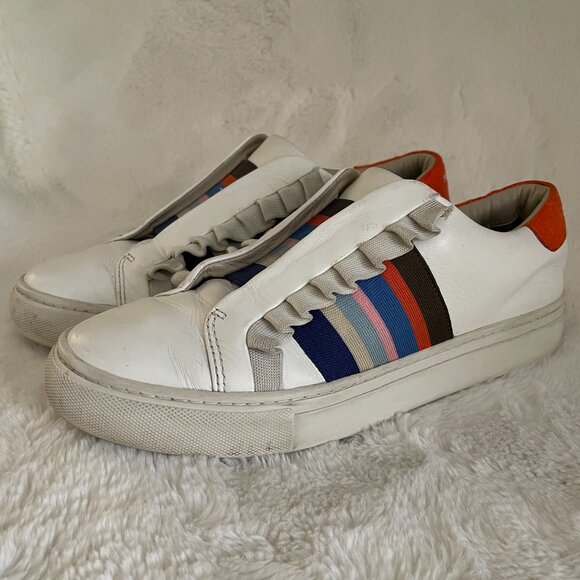 Tory Sport Women's White Leather Ruffle/Striped Sneakers Size: 7.5 - Picture 1 of 13